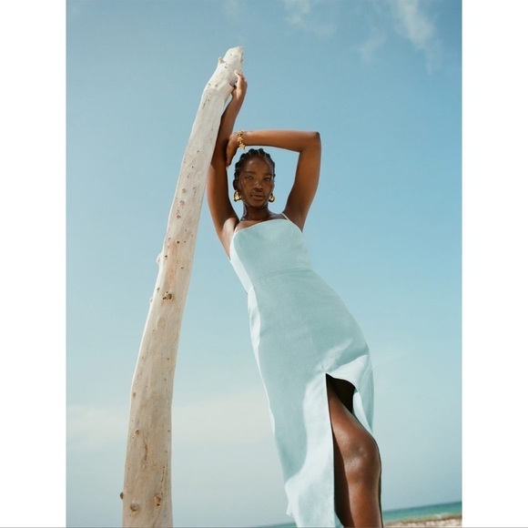 REFORMATION Nia 100% Linen Midi Dress In Turquoise - Picture 1 of 13